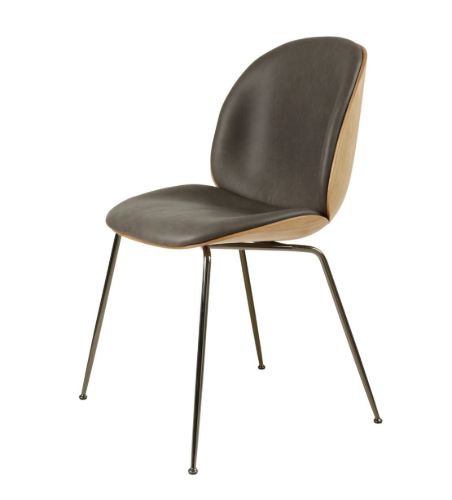 GUBI Beetle Dining Chair Conic Base SH: 43,5 cm - Black Chrome Base/Veneer Shell/Soft Leather Gray