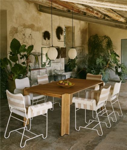 GUBI Outdoor Atmosfera Dining Table 105x209 + Tropique Dining Chairs W. Fringes Havemøbelsæt - Teak/Limonta 06
