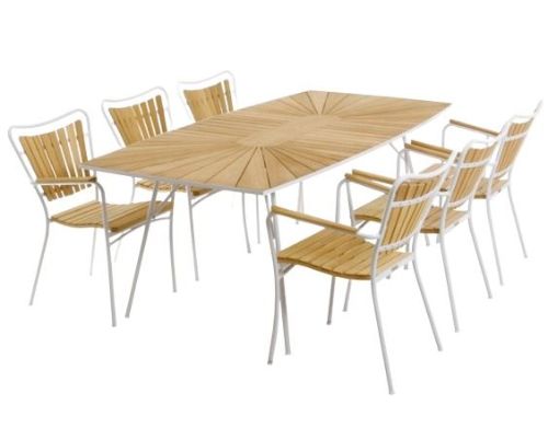 Mandalay Marguerit Havebord L: 200 cm Inkl. 6 Havestole Havemøbelsæt - Hvid/Teak 