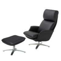 Billede af BERG Furniture Nasa Høj Lænestol m. Justerbar Nakkepude inkl. Skammel SH: 46 cm - Mat Aluminium/Berg Soft Sort Læder