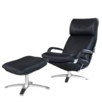 Billede af BERG Furniture Nasa Høj Åben Arm Lænestol m. Justerbar Nakkepude inkl. Skammel SH: 46 cm - Mat Aluminium/Berg Soft Sort Læder