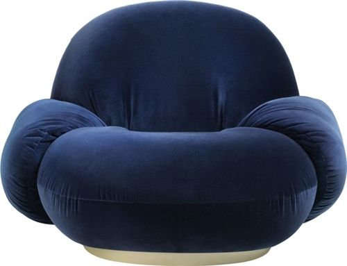 GUBI Pacha Lounge Chair w. Armrest SH: 35 cm - Velvet Blue/Pearl Gold Fixed Base