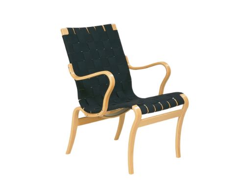 Bruno Mathsson Mi 425 Mina Lænestol m. arm SH: 34 cm - Lakeret Bøg / Sort Linnegjord