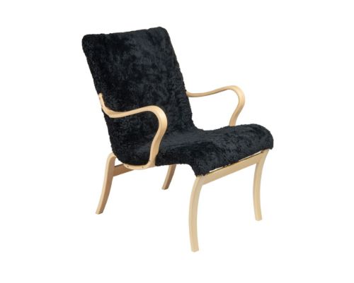 Bruno Mathsson Mi 425 Mina Lænestol m. arm SH: 34 cm - Lakeret Bøg / Sort Fåreskind