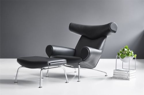 Fredericia Furniture Erik Jørgensen Wegner OX Ottoman H: 36 cm - Sort Primo 88 Læder / Børstet Krom